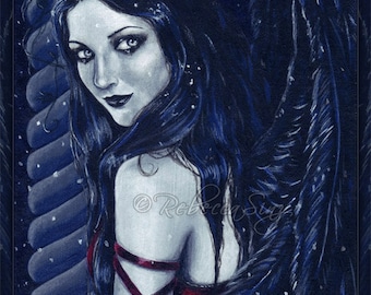 Silent Night PRINT Gothic Angel Dark Blue Red Snow Winter Column Wings Portrait Acrylic Pale Skin 3 SIZES