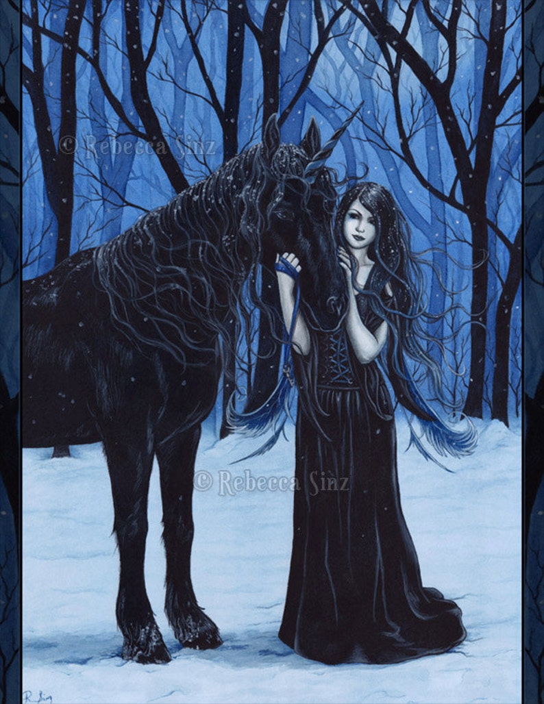 Midnight Travelers PRINT Gothic Fairy Unicorn Winter Black Blue Snow Fantasy Art Watercolor 4 SIZES 8.5 x 11 inches