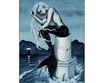 Stormy Seas ACEO PRINT gothic Mermaid Art Artist Trading Cards ATC Fantasy Art Teal Ocean Water Night Lighthouse