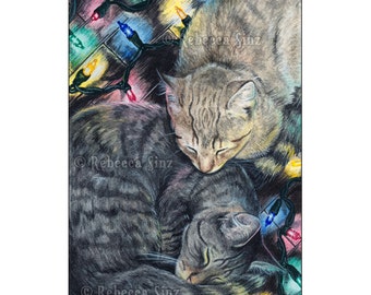 Christmas Kitties ACEO Print cute sleeping cats kittens holidays Artist Trading Cards ATC Fantasy Art