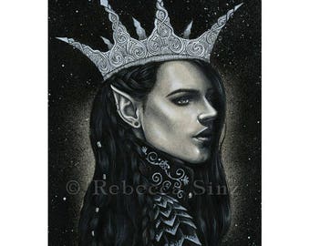 The Night King ACEO Print Gothic Fantasy Art Elf King Black Silver Dark Crown Portrait Handsome Elf Ears Artist Trading Cards ATC