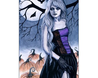 All Hallows' Eve ACEO print Gothic Halloween Pumpkins Bats Moon Night Artist Trading Cards ATC Fantasy Art