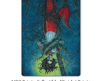 The Hanged One ACEO Tarot Art Mermaid Non-binary Ocean Seaweed Sea Sunken Ship Fantasy Red Blue Androgynous Artist Trading Cards ATC