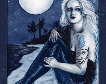 Stargazer PRINT Gothic Fantasy MERMAID beach Night Moon Art Blue Pale Skin White Hair Palm Trees Watercolor 3 SIZES