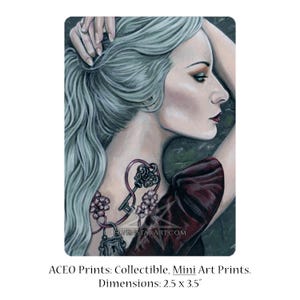 Silence ACEO PRINT  Art Woman Portrait Gothic Pastel Goth Tattoos Lock and Key Mint Green Hair Profile Long Hair Bubblegoth Acryl gouache