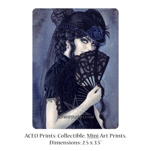 Enchanted Evening ACEO Print Artist Trading Cards ATC Fantasy Art Victorian Vampire Portrait Blue Fan
