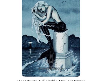 Stormy Seas ACEO PRINT gothic Mermaid Art Artist Trading Cards ATC Fantasy Art Teal Ocean Water Night Lighthouse