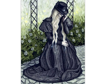 Mourning Garden ACEO Print Artist Trading Cards ATC Fantasy Art Victorian Garden Sad