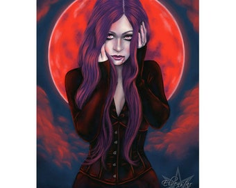 Blood Moon Digital Version ACEO Open Edition Print Gothic Vampire Red Black Full Moon Art Artist Trading Cards ATC Fanasy Art Portrait