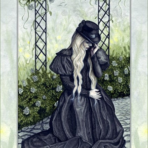 Mourning Garden PRINT Victorian Sad Crying Black Dress Flowers Stone Path Emotion Watercolor Painting Art 3 SIZES