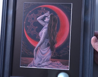 Scarlett Night ORIGINAL Painting Art Fantasy Celestial Crescent Moon Constellation Woman Feminine Acrylic Gouache Traditional Framed Artwork