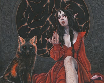 The Gateway ORIGINAL Painting Gothic Fantasy Art Demon Demoness Female Cross FOX Red Orange Evil Hell Underworld Dark Sexy Acrylic Gouache