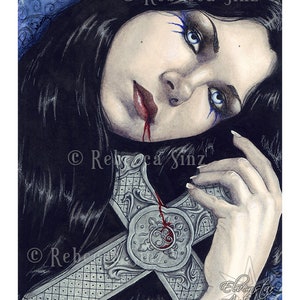 Eternal Sin PRINT Vampire Gothic Cross Blood dark sexy Blue Portrait watercolor 4 SIZES
