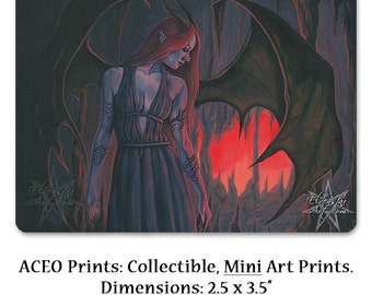 The Darkness ACEO Print Gothic Fantasy Art Demon Demoness Female Red Hair Horns Bat Wings Cave Dark Art Sexy ATC Artist Trading Card