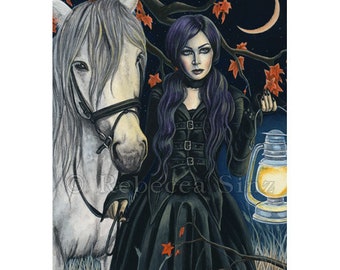 The Night Watch ACEO Print Artist Trading Cards ATC Gothic Fantasy Art Horse Night Woman Crescent Moon Autumn Dark Lantern Witch Elf