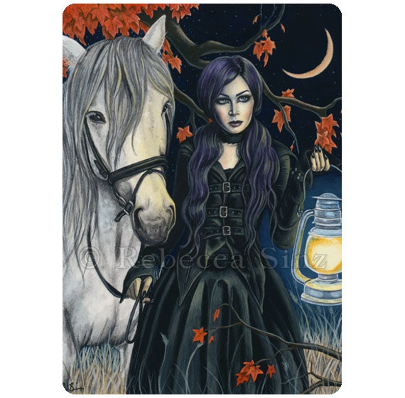The Night Watch ACEO Print Artist Trading Cards ATC Gothic Fantasy Art Horse Night Woman Crescent Moon Autumn Dark Lantern Witch Elf image 1