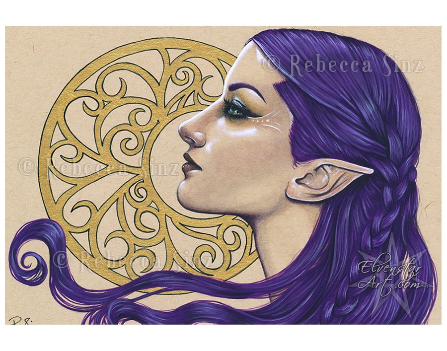 Filigree PRINT Fantasy Art Elf Fairy Woman Purple Hair Braid Gold ...