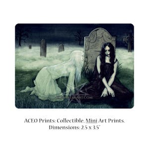 Apparition au clair de lune impression ACEO gothique fantôme cimetière artiste cartes à collectionner ATC art fantastique surnaturel paranormal au-delà effrayant