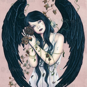 Wither PRINT Gothic Angel Fantasy Art Wilted Roses Flowers Dying Decay Dark Ivy Pink Black Wings Watercolor Portrait 4 SIZES