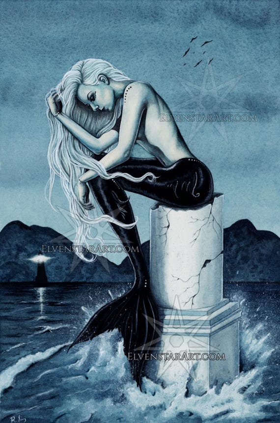 Stormy Seas ORIGINAL Painting Gothic Mermaid Fantasy Art Teal Dark Fantasy Art Lighthouse Ocean Waves Water Seascape Column Watercolor