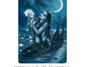 Moon Flower ACEO PRINT gothic Mermaid Fantasy Art Magical Roses Blue Glow Whimsical Romantic Sea Ocean Artist Trading Cards ATC Fantasy Art