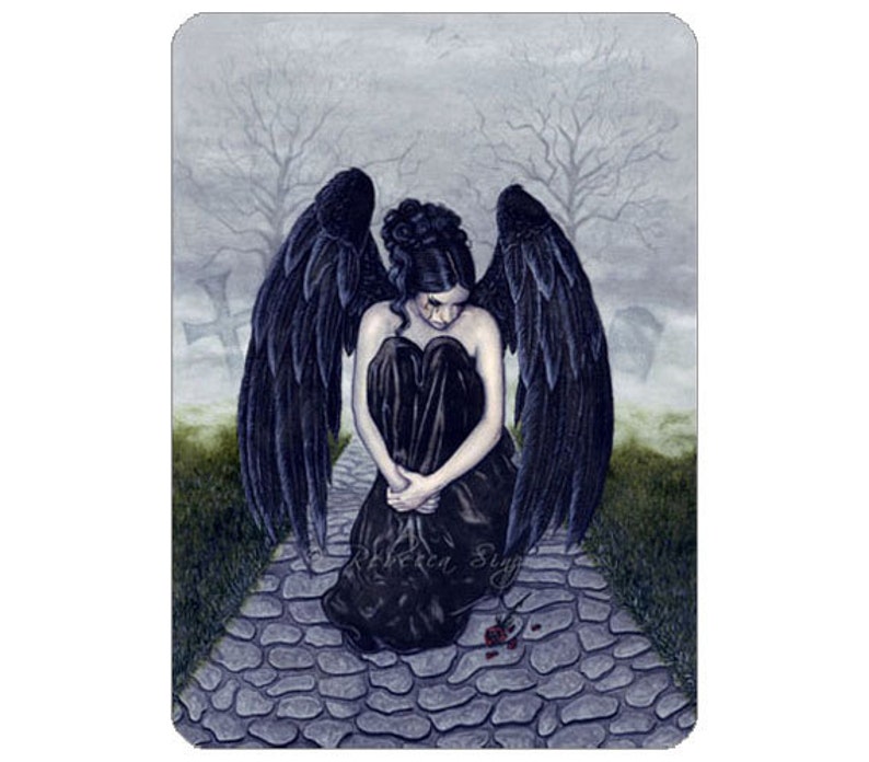 To Bid You Farewell ACEO Print Gothic Angel Sad Rose Fog Mourning Black Wings Artist Trading Cards ATC Fantasy Art image 1