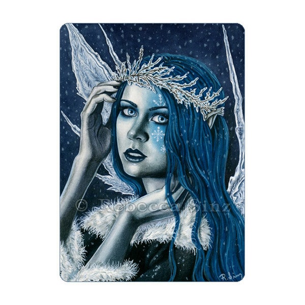 Cold As Ice ACEO Print Fairy Queen Blue Hair Crown Ice Winter Snow Portrait Artist Trading Cards ATC Fantasy Art