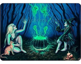 Witches' Cauldron ACEO print Gothic Halloween Art Artist Trading Cards ATC Fanasy Art Portrait cat magic magick spells ghosts night forest