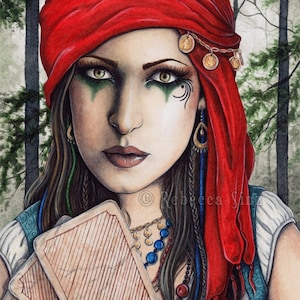 Fortune Teller PRINT Fantasy Art Tarot Cards Jewelry Portrait Mystical Psychic Watercolor 3 SIZES