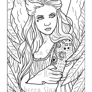 May include: Black and white line art illustration of a woman with wings. She has a star tattoo on her arm and is holding her arm close to her body. The woman has long hair and is looking down.