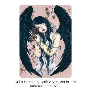 Wither impression ACEO ange gothique artiste art cartes à collectionner ATC roses roses carie mort art fantastique portrait