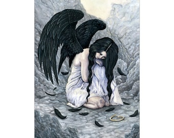 Broken Halo ACEO Print gothic Angel clouds Black Wings Feathers Artist Trading Cards ATC Fantasy Art