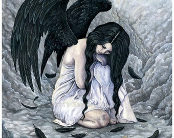 Broken Halo PRINT Fallen Angel Sorrow Sad Fantasy Art Watercolor 4 SIZES