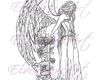 DIGI Stamp Printable Scrapbooking Card Making Crafts Fantasy Gothic Angel Hope Corset Ivy Wings Roses column Digital Stamp Download Coloring