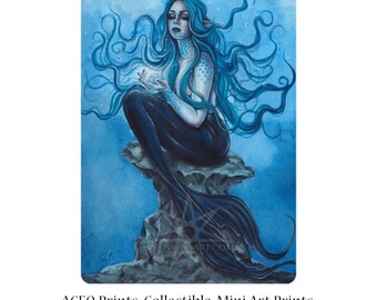Sea Stone ACEO PRINT gothic Mermaid Fantasy Art Magical Jewel Blue Glow Whimsical Ocean Artist Trading Cards ATC Fantasy Art