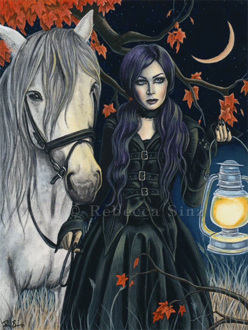 The Night Watch PRINT Gothic Fantasy Art Horse Witch Elf Woman Autumn Night Crescent Moon Leaves Lantern Dark 4 SIZES image 1