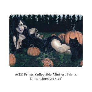 Dyniowy patch ACEO print Gothic Halloween Dynie Artysta Karty kolekcjonerskie ATC Fantasy Art Czarny kot