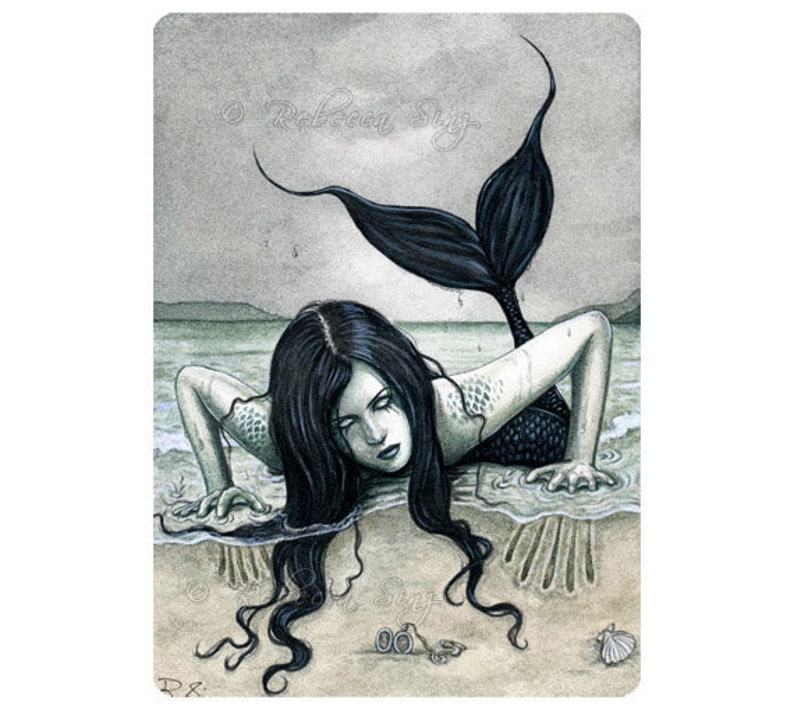 From the Dark Depths ACEO Print gothic mermaid evil beach sea Artist Trading Cards ATC Fantasy Art image 1