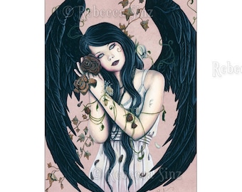 Wither ACEO Print Gothic Angel Art Artist Trading Cards ATC Pink Roses Death Decay Fantasy Art Portrait