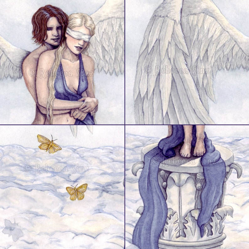 Eros and Psyche ORIGINAL PAINTING Cupid Angel Romance Love Mythology White Angel Wings Clouds Column Watercolor image 4