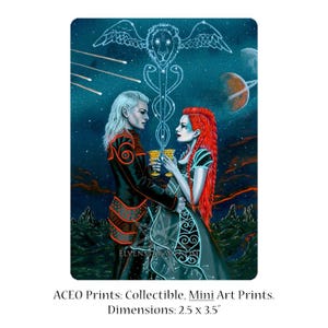 2 van kopjes ACEO print Tarot ruimte romantiek liefde sterrenbeeld sterren planeten alien sciencefiction kunstenaar ruilkaarten ATC fantasyart