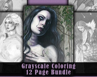 GRAYSCALE Coloring Book Pages PRINTABLE Digital Download Gothic Fantasy Angels Demons Fairy Mermaid Women Art Ghost Elf