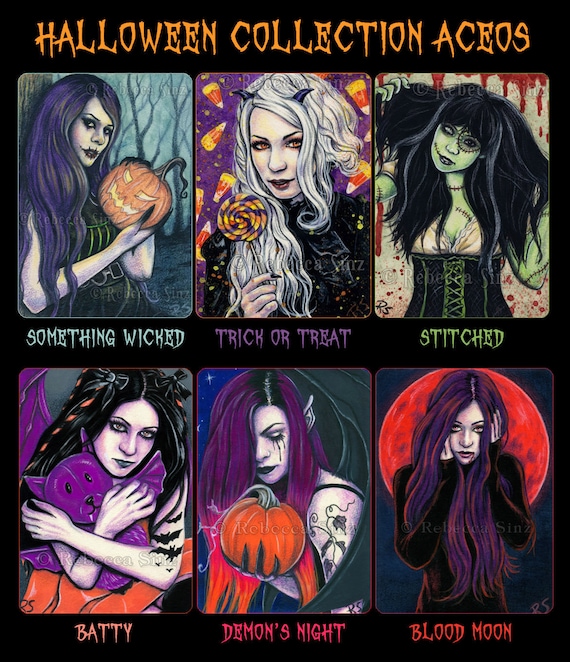 Gothic Fantasy Art ACEO PRINT Pumpkins Halloween Cat