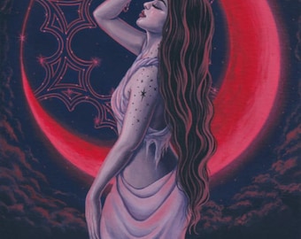 Scarlett Night ORIGINAL Painting Art Fantasy Celestial Crescent Moon Constellation Woman Feminine Acrylic Gouache Traditional Framed Artwork