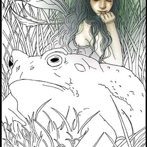 May include: A black and white line art coloring page featuring a fairy with wings and a large toad. The fairy is sitting on the toad's back and has her hand on her chin. The toad is surrounded by tall grass.