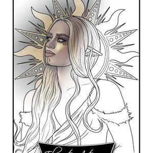 Coloring Page PRINTABLE Gothic Fantasy Art Sun Celestial Elf Goddess Adult Coloring Instant Digital Download Line Art Printable
