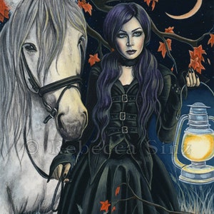 The Night Watch PRINT Gothic Fantasy Art Horse Witch Elf Woman Autumn Night Crescent Moon Leaves Lantern Dark 4 SIZES 13 x 19 inches