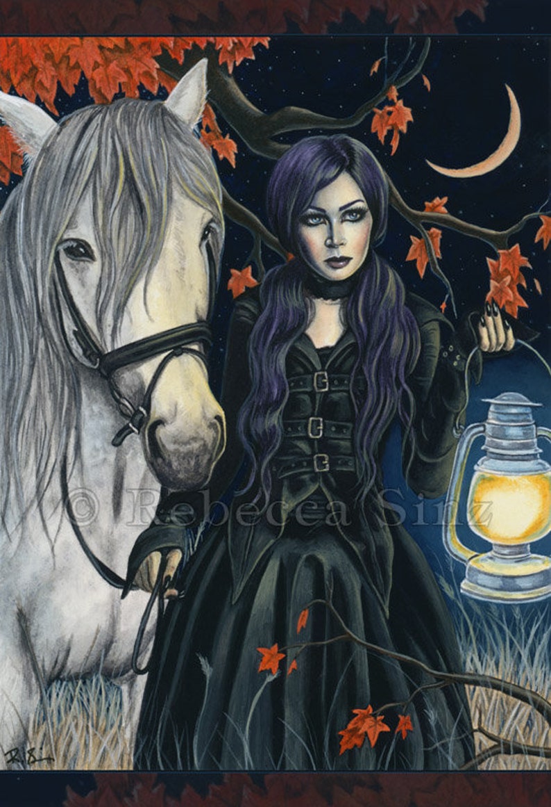 The Night Watch PRINT Gothic Fantasy Art Horse Witch Elf Woman Autumn Night Crescent Moon Leaves Lantern Dark 4 SIZES 13 x 19 inches