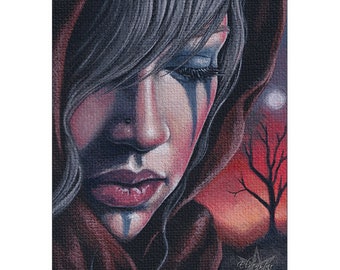 Out Of The Ashes ACEO Print Post-Apocalyptic Apocalypse Sunset Fire Wasteland Sad portrait makeup gothic fantasy Artist Trading Cards ATC