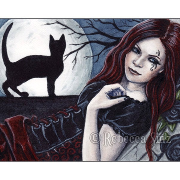 Gothic Moon Limited Edition ACEO Print schwarz rote Katze Korsett Artist Trading Cards ATC Fantasy Kunst Hexe Nacht